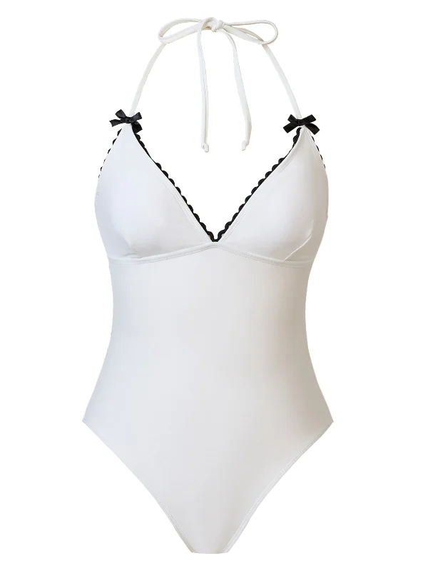 White 1950s Bow Lace-Up Halter Swimsuit Chic Swimsuit Cover-Up
