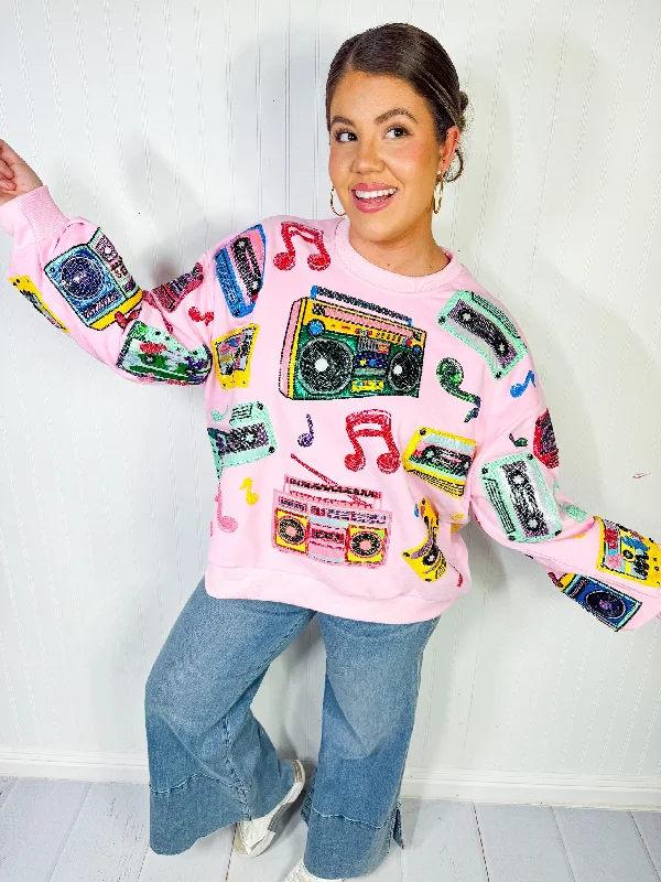 QOS -  Pink Vintage Cassettes Sweatshirt Hoodie with Lining Warm Insulated