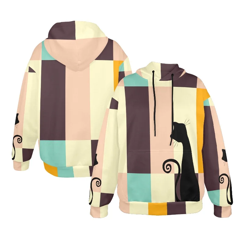 Mid Mod Retro Atomic Cat Hoodie, MCM Pastel Blocks, Chic '60s Cat Lover's Sweatshirt Hoodie with Drawcord Adjustable Secure