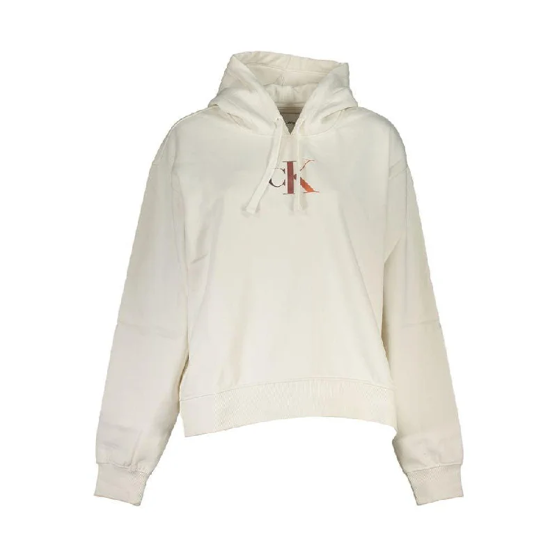 Calvin Klein Chic White Fleece Hooded Sweatshirt Hoodie with Contrast Stitching Detailed Premium