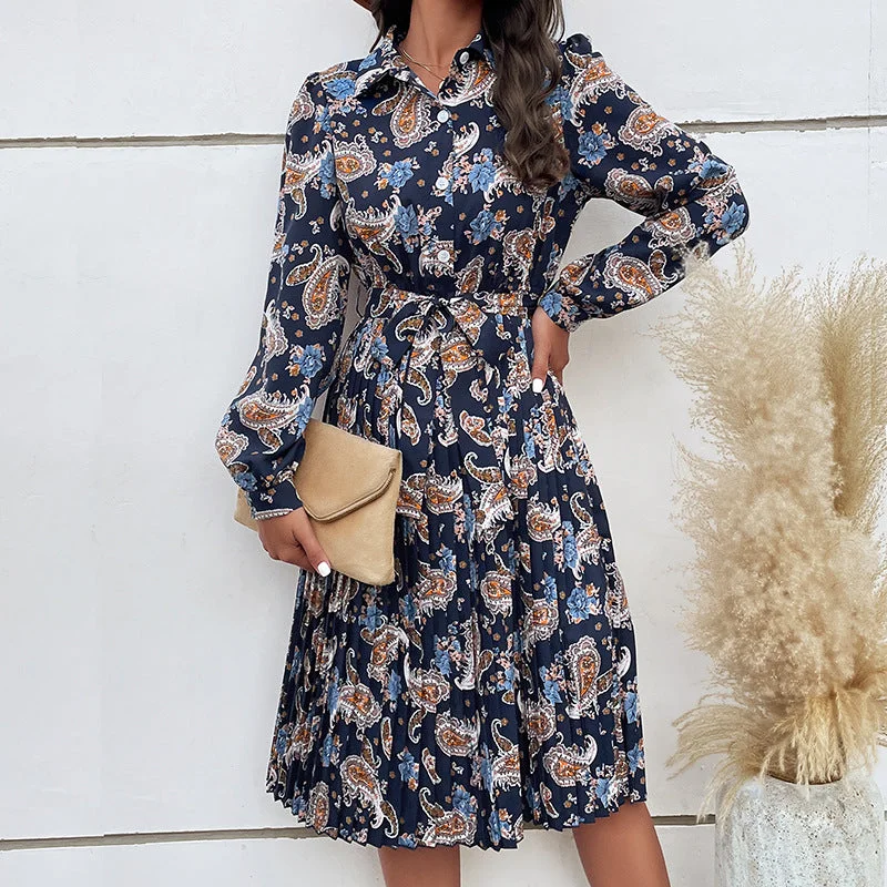 IKEARLAX cross-border 2025 trade ethnic style autumn new skirt long-sleeved lapel pleated 2025 pleated dress Tunics Luxurious high-end