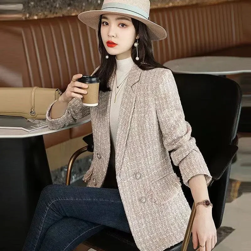 Pink Fragrance Jacket Female Spring And Autumn 2023 Tweed Suit Plaid Casual Blazer Female Blended Wool Coat Ladies Toggled Jacket Drawstring Jacket Belted Jacket