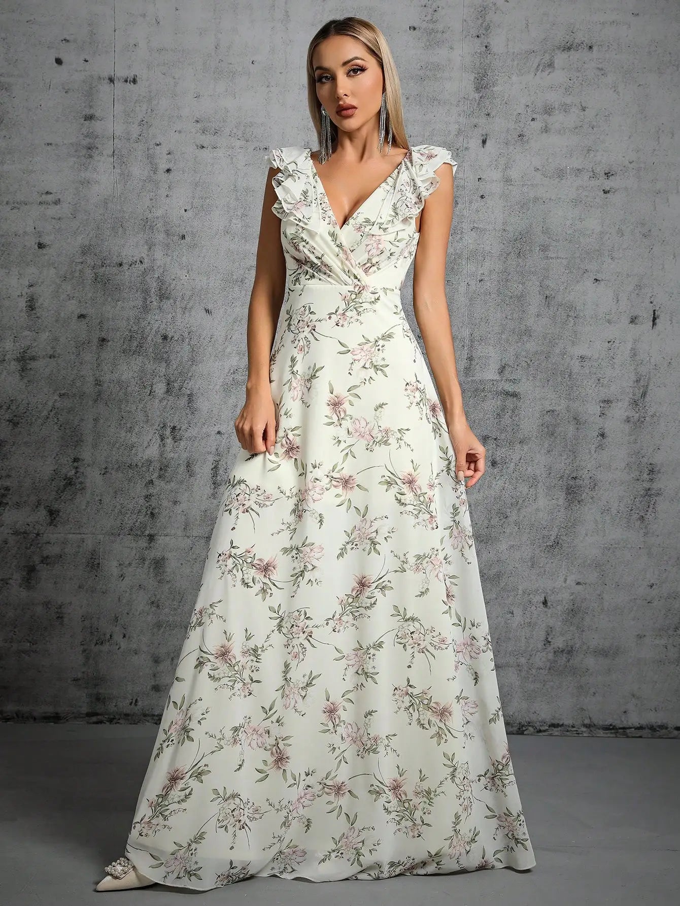 Floral Printed Chiffon Pleating Ruffles Maxi Party Dress Pencil Length Work