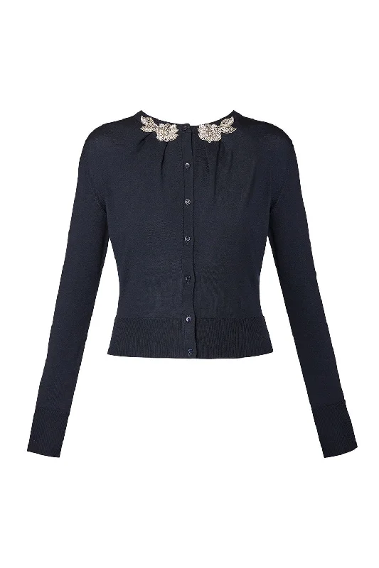Button Down Cardigan - Navy Mesh Blend Leather Blend Suede Blend