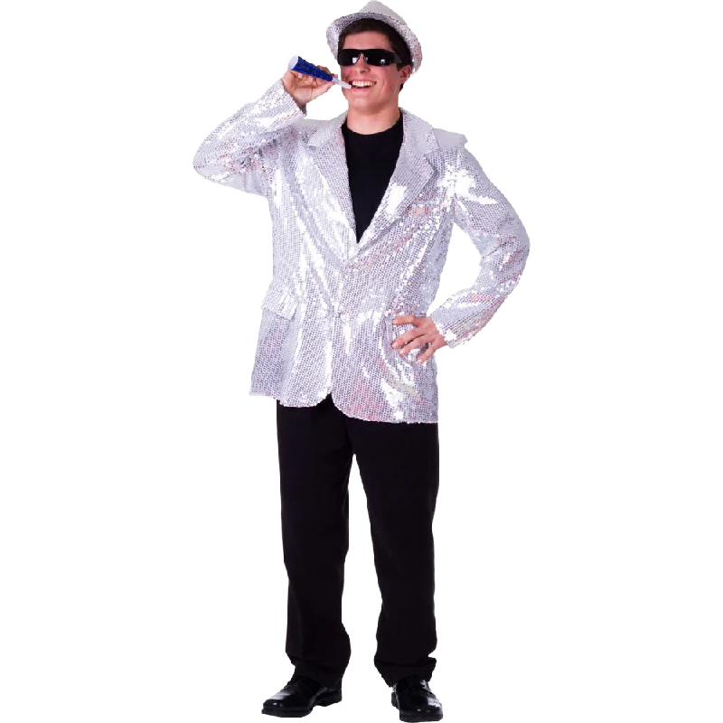 Silver Sequin Jacket - Adults A-Line Jacket Boat Neck Shawl Collar