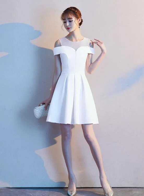 Cute White Off the Shoulder Knee Length Party Dress, Wedding Party Dress Tunics Vintage classic
