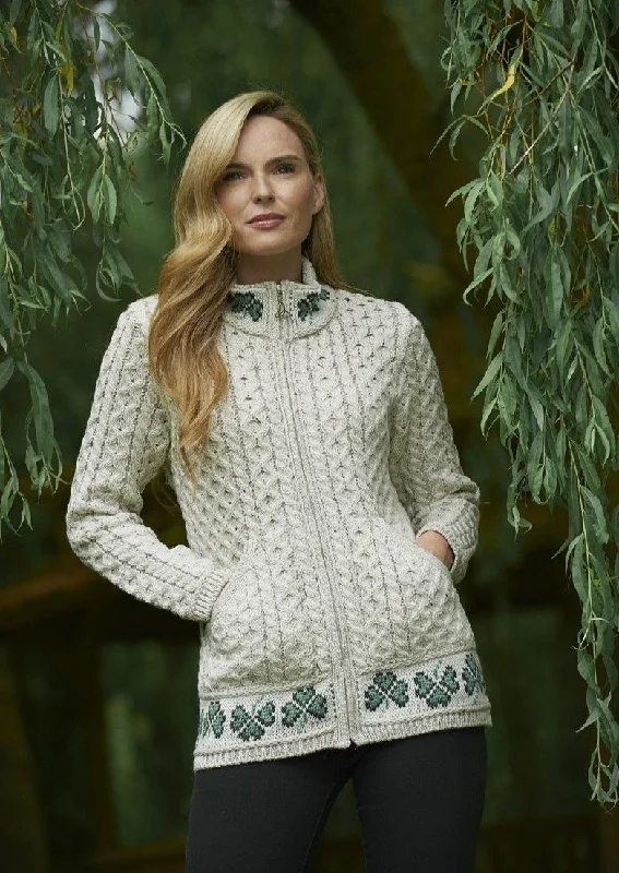 Aran Shamrock Cardigan | Oatmeal Herringbone Houndstooth Plaid