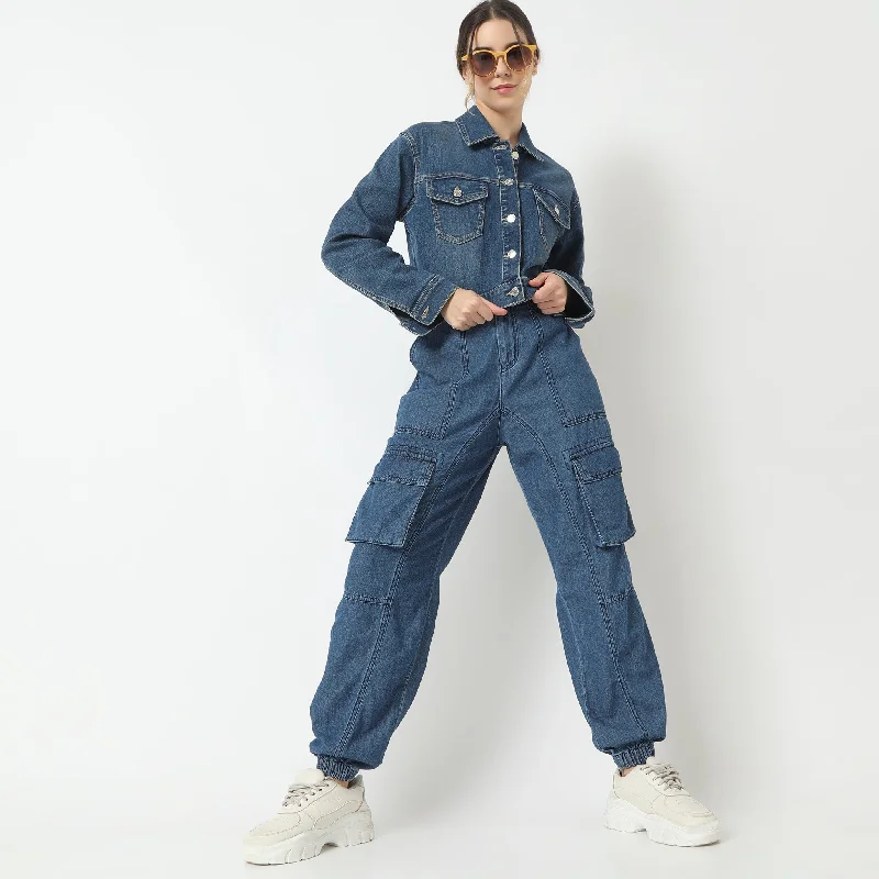 Relaxed Fit Full Length High Rise Light Weight Denim Pants Casual Lounge Pants