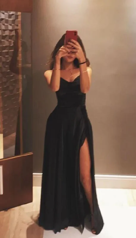 Black Sweetheart A-Line Satin Long Party Dress with Slit, DP2947 Tunics Chic elegant