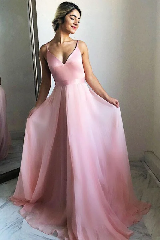 Flowing A-Line V-Neck Sweep Train Pink Chiffon Prom Party Dress  PG682 Tunics Office stylish