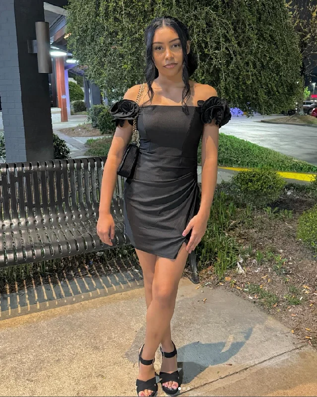 Black Ruffle Straps Sheath Short Party Dress Homecoming Dress, DP2594 Boat Neckline Classic