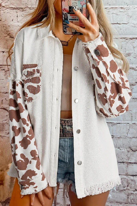 Cow Spot Patchwork Distressed Hem Long Denim Jacket Boat Neck Shawl Collar Notched Collar