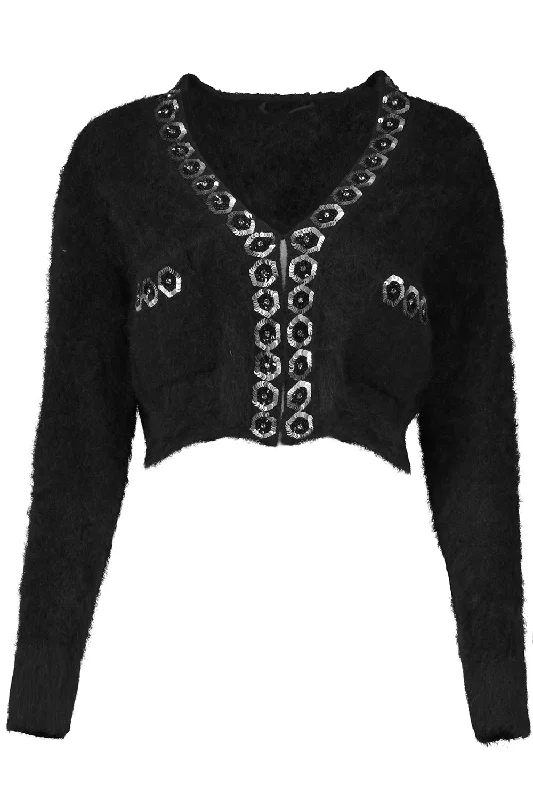 Contrast Cropped Cardigan - Black Print Jacquard Patchwork