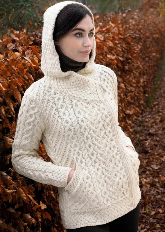 Aran Crafts Side Zip Hooded Cardigan | Natural Solid Print Embellished