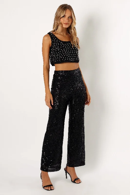 Lilianna Sequin Flare Pant - Black Soft Cotton Pants