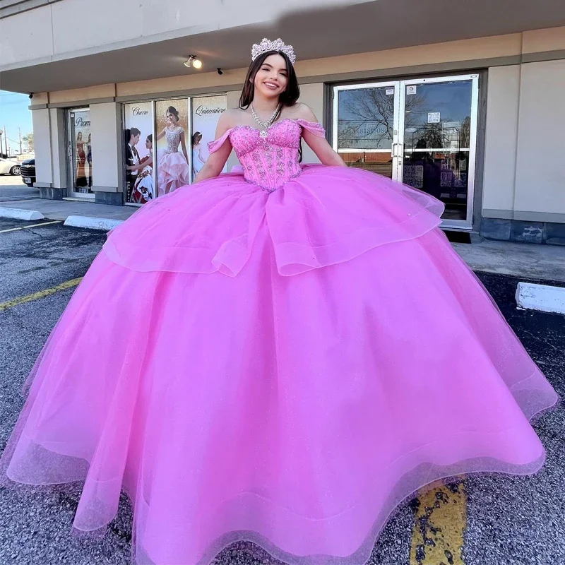 Pink Quinceanera Dresses Ball Gown Sexy Off the Shoulder Beads Crystal Tull Back Bow Long Party Dress for Girl Lace Sexy Club