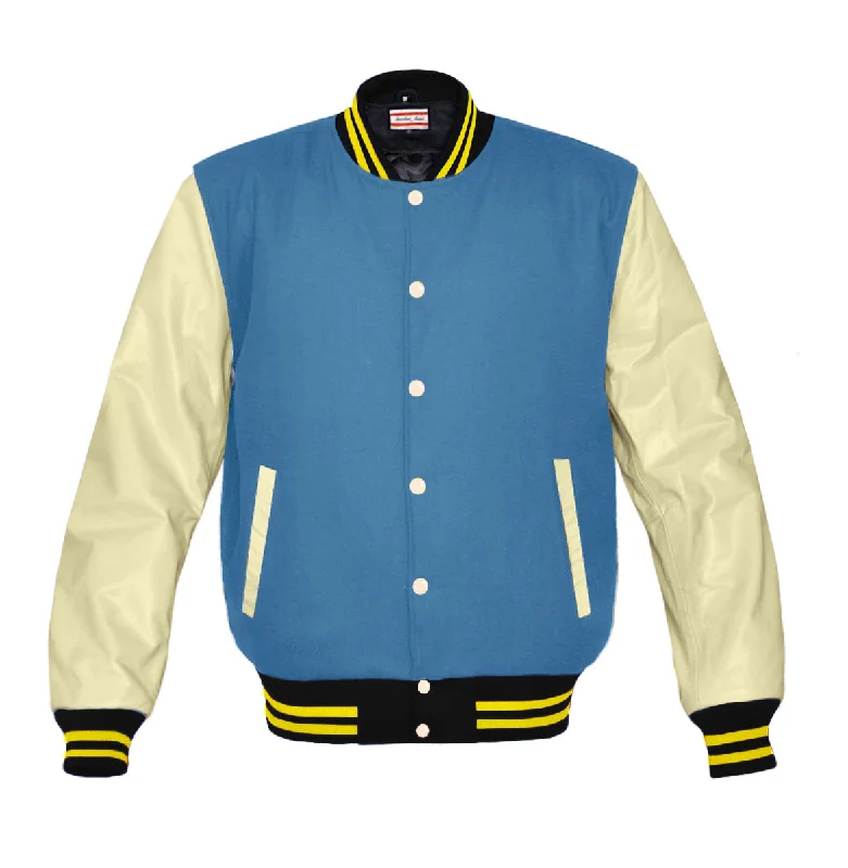 Original American Varsity Real Cream Leather Letterman College Baseball Women Wool Jackets #CRSL-YSTR-CB-BBAND Faux Fur Jacket Real Fur Jacket Shearling Jacket