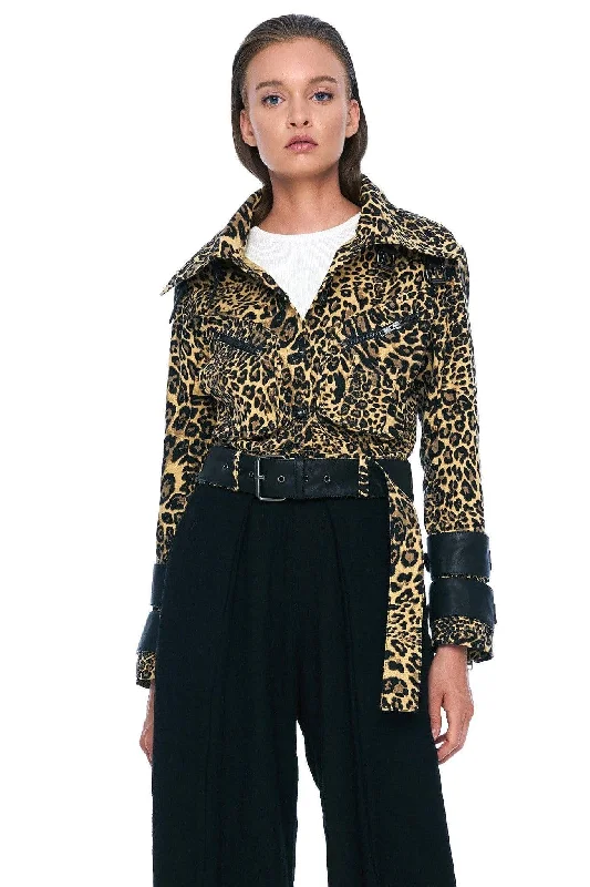 DENIM AND LEATHER BELTED MOTO JACKET IN LEOPARD Trench Coat Raincoat Waterproof Jacket