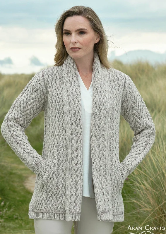 Herringbone Edge to Edge Aran Cardigan | Stone Print Jacquard Patchwork
