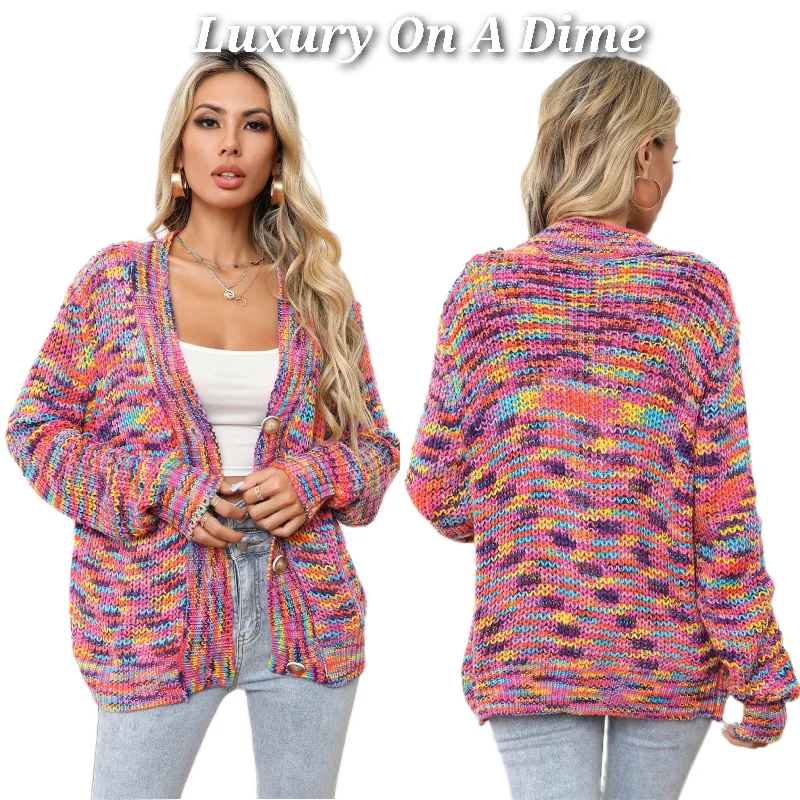 Bright Colorful Knit Long Sleeve V-neck Patck Pocket Cardigan Button-Up Sweater Lightweight Heavyweight Midweight