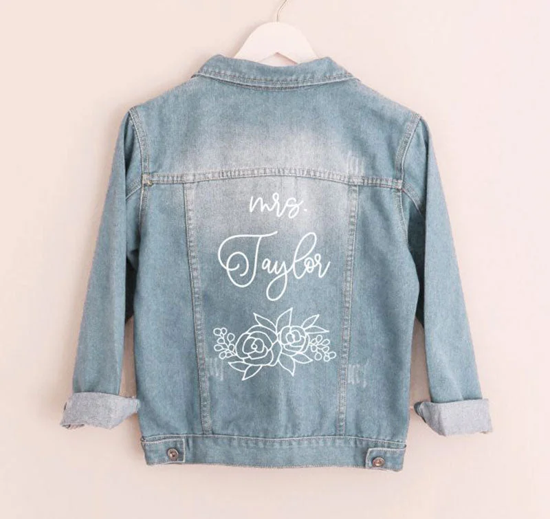 Mrs Bridal Floral Denim Jacket Cardigan Sweater Pullover