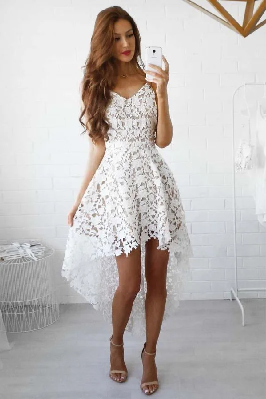 A-line High Low Straps Simple White Lace Homecoming/Party Dresses  PD022 Tunics Top Casual