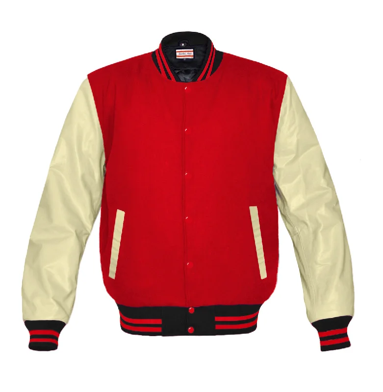 Original American Varsity Real Cream Leather Letterman College Baseball Women Wool Jackets #CRSL-RSTR-RB-BBand Welt Pockets Slit Pockets Flap Pockets