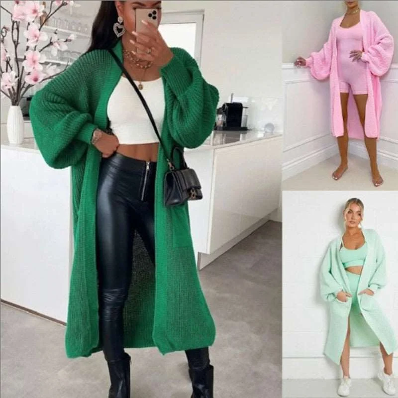 Chic Knit Pocket Cardigan: Cozy Mid-length Sweater Glossy Satin Silk
