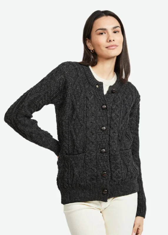 Inagh Ladies Aran Cardigan | Charcoal Asymmetrical,ymmetric Pencil Cardigan