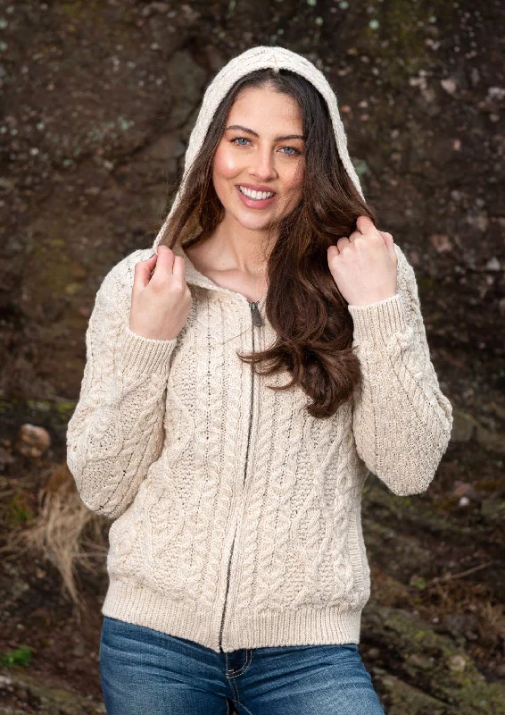 IrelandsEye Women's Aran Hooded Cardigan | Oatmeal Transparent Opaque Sheer