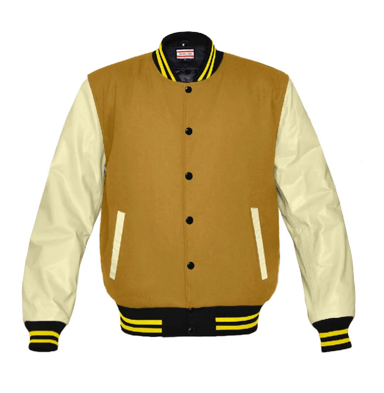 Original American Varsity Real Cream Leather Letterman College Baseball Women Wool Jackets #CRSL-YSTR-BB-BBAND A-Line Jacket Boat Neck Shawl Collar