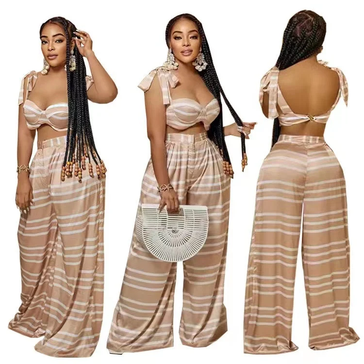 J&H 2023 new arrivals striped floor length wide leg pants crop top 2 piece set sexy slim fit palazzo pants vacation outfits Slim-Fit Leggings
