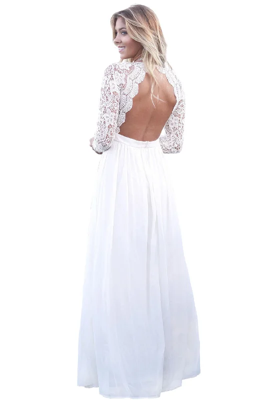 Sexy White Open Back Long Sleeve Crochet Maxi Party Dress Off-the-shoulder Chic Trendy