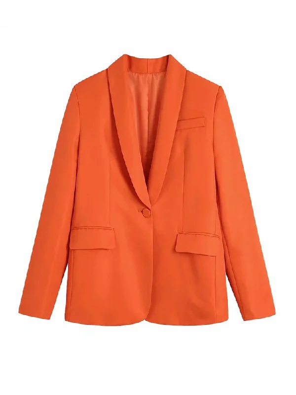 Evfer Office Lady Casual V-Neck Long Sleeve Solid Summer Long Blazers Girls Two Pockets Single Button Orange Slim Jacket Outwear Print Jacket Jacquard Jacket Embroidered Jacket