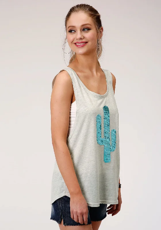 Roper Womens Grey Poly/Rayon Glitter Cactus S/L Tank Top grey tank top