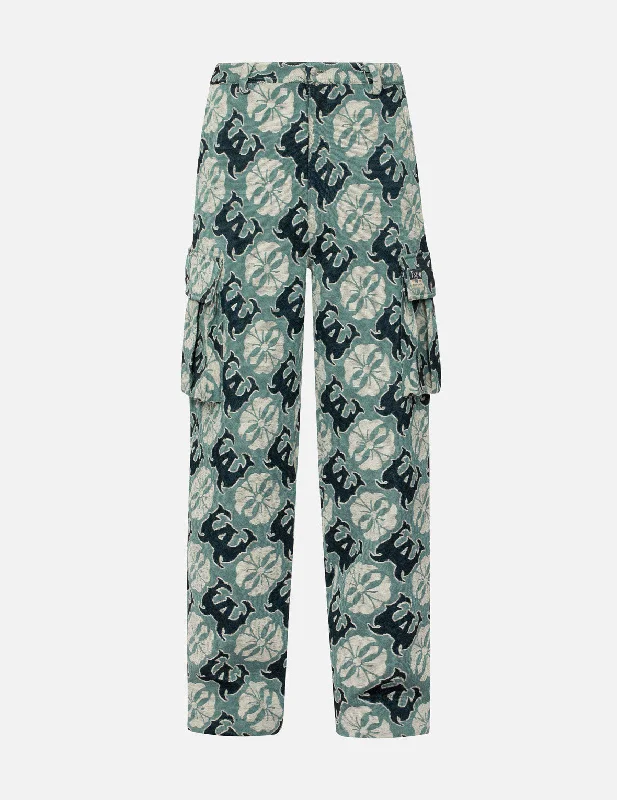 Allover Kamon and Logo Jacquard Wide Leg Tapestry Cargo Pants Casual Drawstring Pants