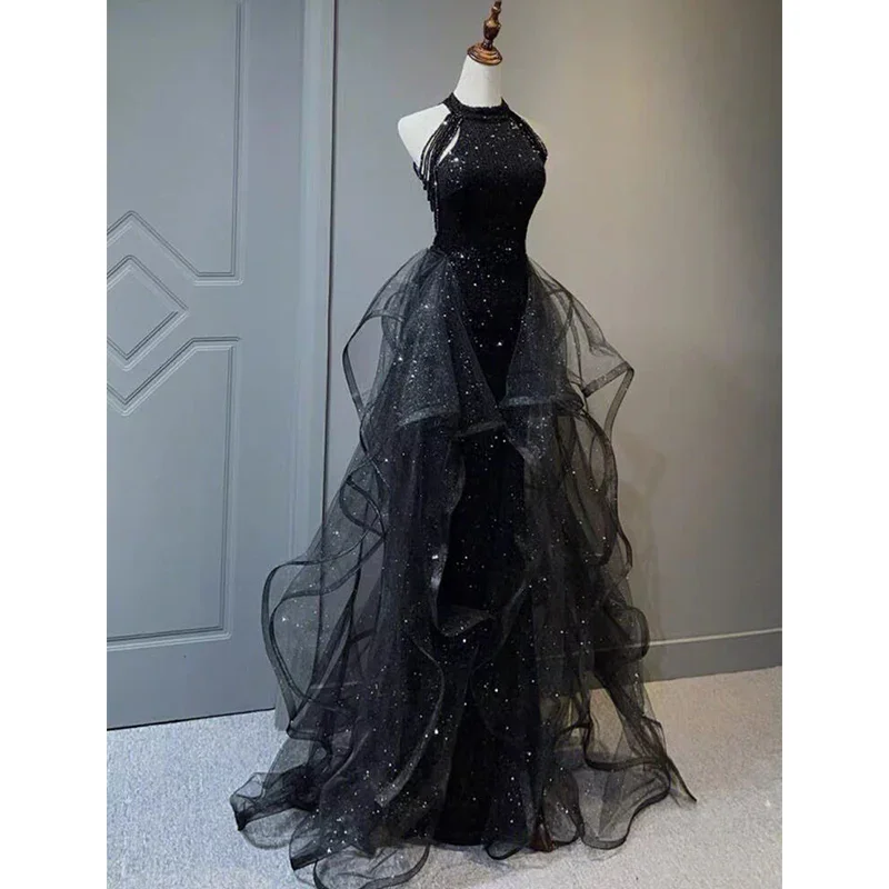 Shiny Black Halter Tulle Long Party Dress Evening Gown, DP2081 Tunics Distressed trendy