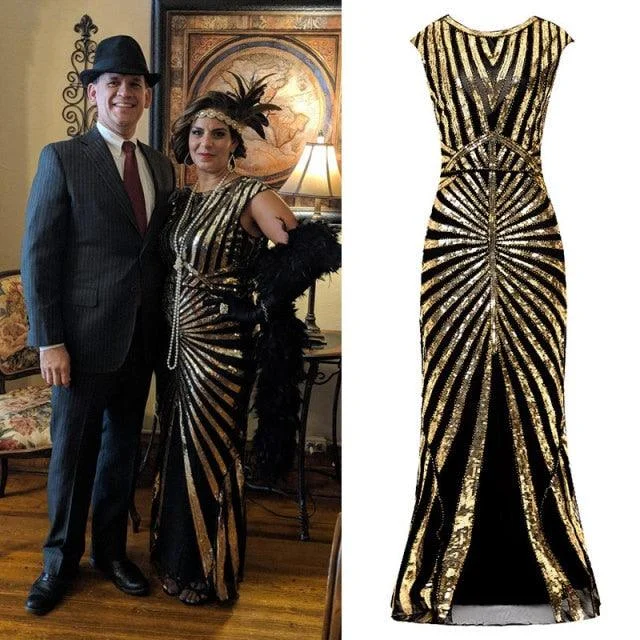 1920s Flapper Long Gown Beaded Sequin Great Gatsby Formal Party Dress (Black, Pink, Green, Silver) Lace Sexy Club