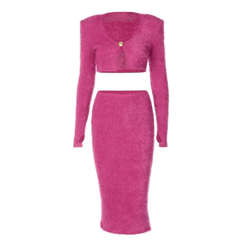 BerryBetty - Textured button long sleeve gloves midi skirt set lace skirt romantic
