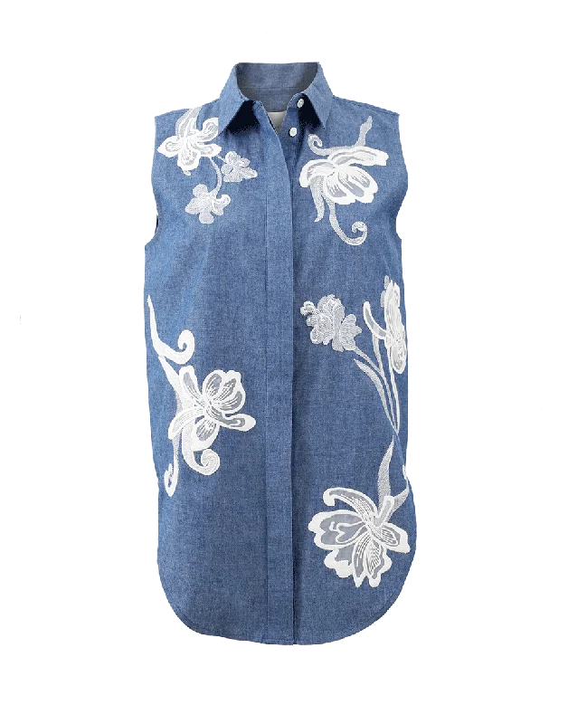 Embroidered Chambray Tank open back tank