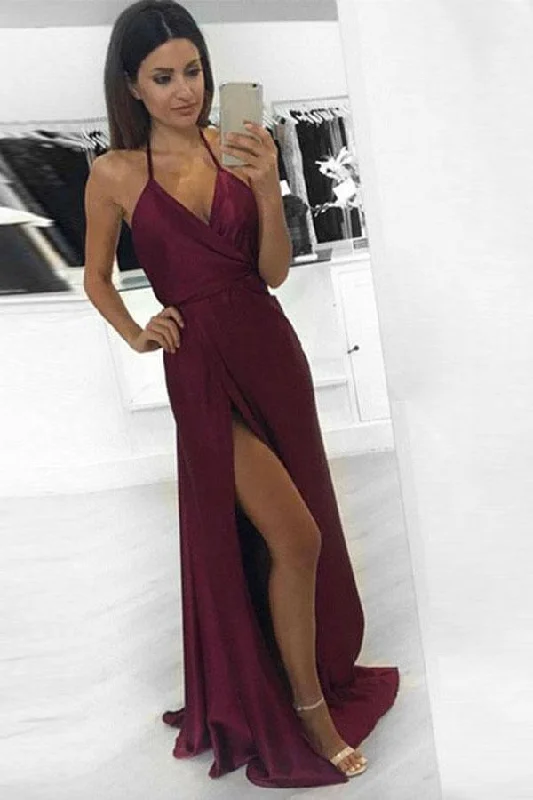 Sexy A-line Halter Neck Burgundy Long Prom Dress Party Dress PG401 Crew Neckline Casual