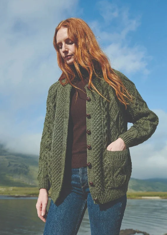 Handknit Aran Lumber Cardigan | Green Mesh Cardigan Canvas Denim