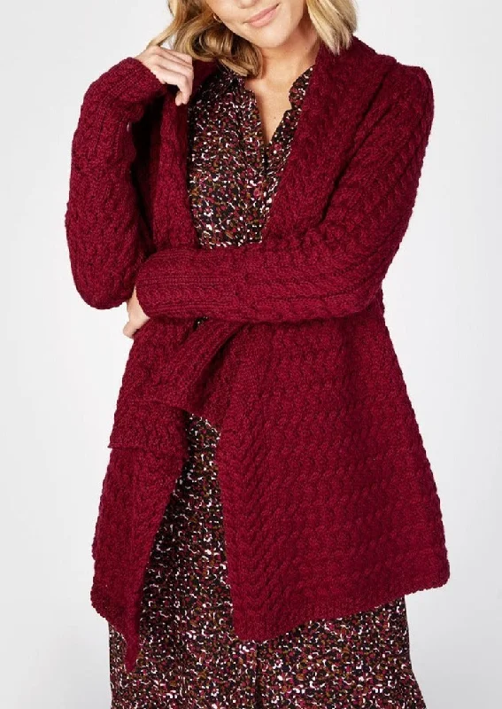 IrelandsEye Women's Waterfall Aran Cardigan | Claret Solid Print Embellished