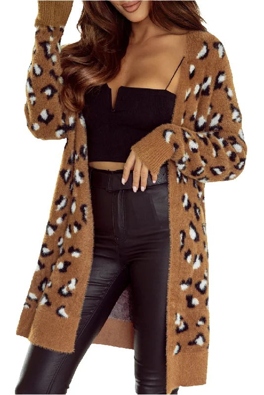 Fuzzy Leopard Knit Cardigan Long Sleeve Mobwife Retro Longline Open Front Sweater Casual Formal Business