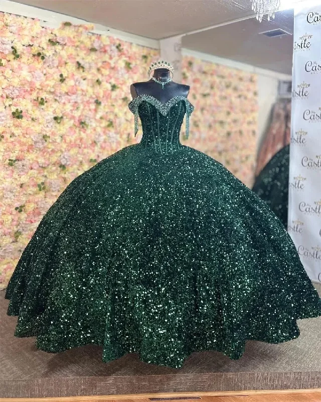 Sparkly Emerald Green Ball Gowns Quinceanera Dresses Formal Off-Shoulder Appliques Sweet 15 Prom Party Dress Off-the-shoulder Bohemian Festive