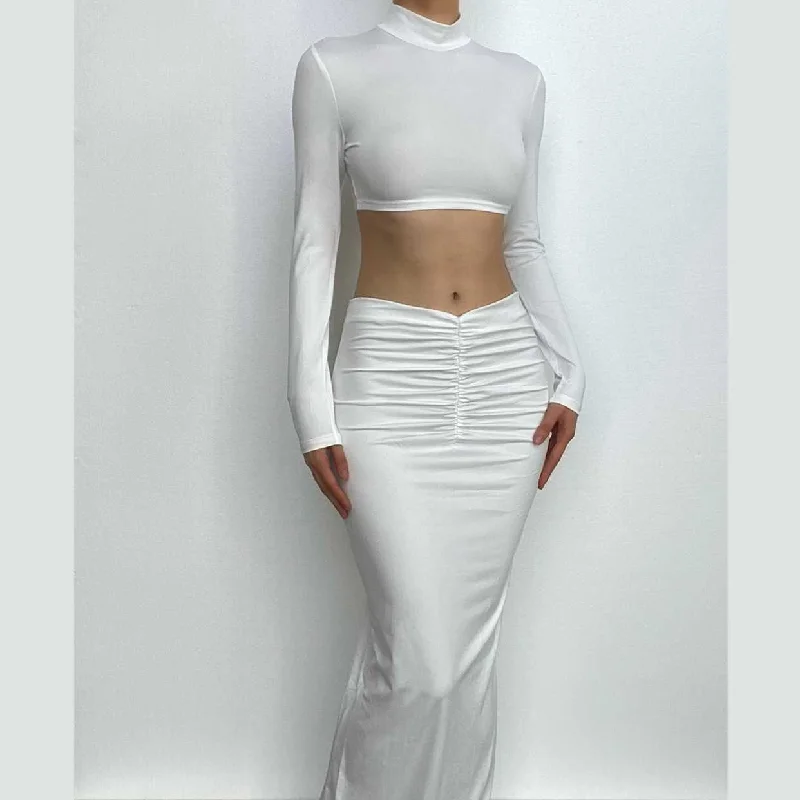 BerryBetty - High neck long sleeve ruched solid maxi skirt set velvet skirt luxury