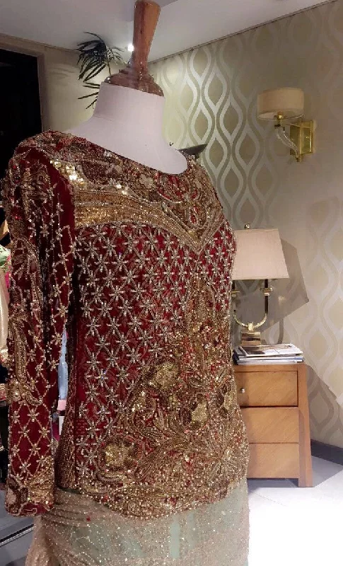 Red goldan copper wedding party dress with dull gold dabka  nagh zariModel#P 35 Tunics Sale discount