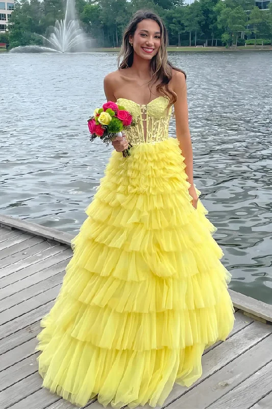 A-line Strapless Layered Yellow Long Prom Dress Party Dress PSK621 Tunics Satin smooth