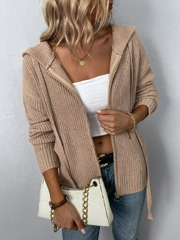 Zip-Up Drawstring Detail Hooded Cardigan Toggled Drawstring Belted