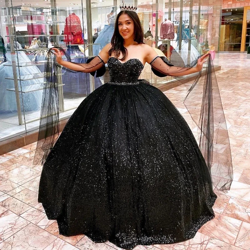 Black Shiny Quinceanera Dresses Birthday Off Shoulder Formal Ball Gown Beading Crystal Sequined Party Dresses Boatneck Modish Everyday